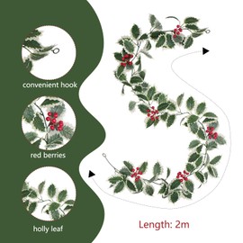 Pack of 2 Christmas Berry Garland, Christmas Garland, Pine Cones, Red Berries, Christmas Garland, with Holly Leaves, 2 Metres for Fireplace, Christmas, New Year Decoration (White Border Green)