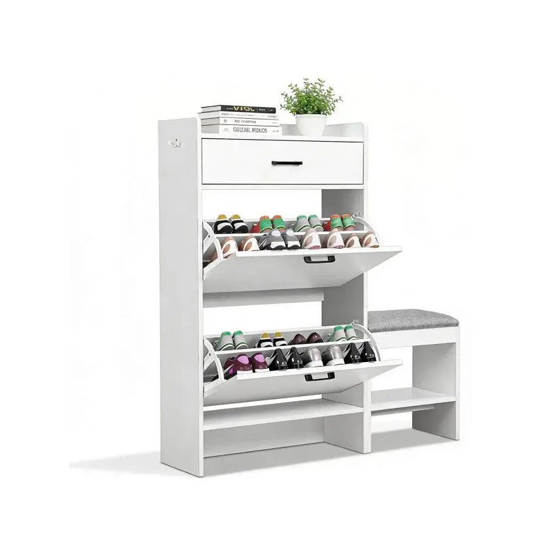 2-Tier White 100*25*117cm Particleboard Shoe Cabinet with Flip Lid and