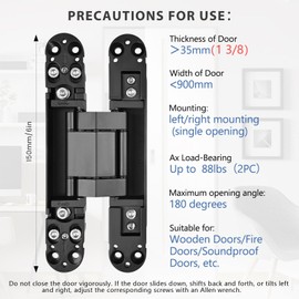 ANMILIY Hidden Door Hinge (6in)-2PC Invisible Door Hinges,3D Adjustable 180 Degree Invisible Hinges,88 lb.Load Capacity.(Black, 6 x 2.5 x 1)