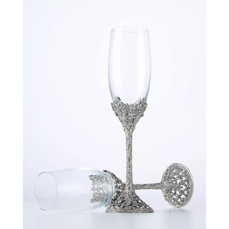 Jozen Gift Champagne Flutes - Crystal Glass Metal Base With