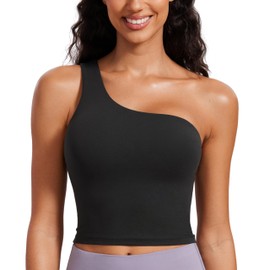 CRZ YOGA Butterluxe One Strap Longline Sports Bra for Women - Asymmetrical Yoga Crop Padded Workout Tanks Black X-Small