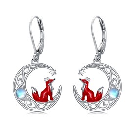 Lypic Fox Earrings 925 Sterling Silver Fox Celtic Crescent Moon Dangle Earrings Cute Animal Moonstone Fox Jewelry for Women