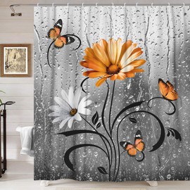 Rustic Orange Floral Boho Shower Curtain, Country Farmhouse Daisy Flowers and Butterfly Fall Shower Curtain for Bathroom, Grey Gray White Surreal Floral Autumn Bathroom Curtain with Hooks, 70X70IN