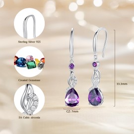 FANCIME Amethyst Earrings with Pear Dangle Drop Pendent 925 Sterling Silver February Birthstone Earrings Fine Jewelry Birthday Gifts for Women