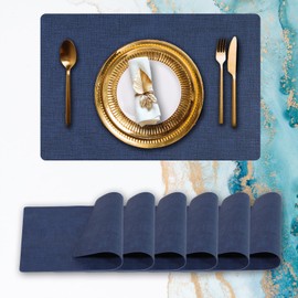 Faux Leather Placemats Set of 6-12"x18",Double Sided Table Mats for Dining Tables,Heat Resistant Water Resistant Oil-Proof Wipeable, Suitable for Indoor and Outdoor(Blue, Set of 6)