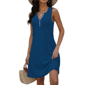 Disamer Beach Dresses for Women 2025 Vacation Swim Cover up V-Neck Summer Dress Button Down Sleeveless Boho Floral Sundress,Pure Blue,Large