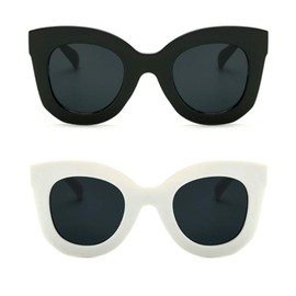 Freckles Mark Thick Fashion Butterfly Sunglasses for Women Trendy Round Cat Eye Sun Glasses (Black+White, 45)