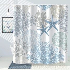 GKLEASG Nautical Beach Shower Curtain, Blue Tropical Coral Ocean Seashell Starfish Machine Washable Waterproof Fabric for Bathroom Bathtub Decor with Hooks 72x72