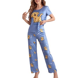 Floerns Women's Cartoon Print Short Sleeve Top with Long Pants Two Piece Pajama Sets Mauve Purple Dog Small