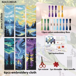 ACRNIGHEET 6PCS Cross Stitch Bookmark Kit DIY Bookmarks Cross Stitch Kit for Adult Beginners Cross-Stitch Stamped Kits with Landscape Patterns 8.7x3.1inch Stamped Embroidery Bookmark with Instructions