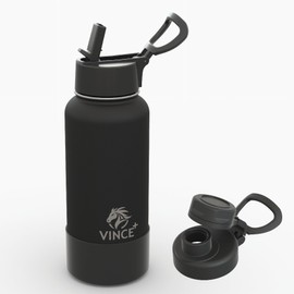VINCEPLUS Vince+ 32oz Triple Insulated Stainless Steel Water Bottle with Straw, BPA-Free, Leak-Proof, 2 Lids (Fast Flow & Straw Lid) - Wide Mouth Travel Thermal Mug All-Day Use - Jet Black