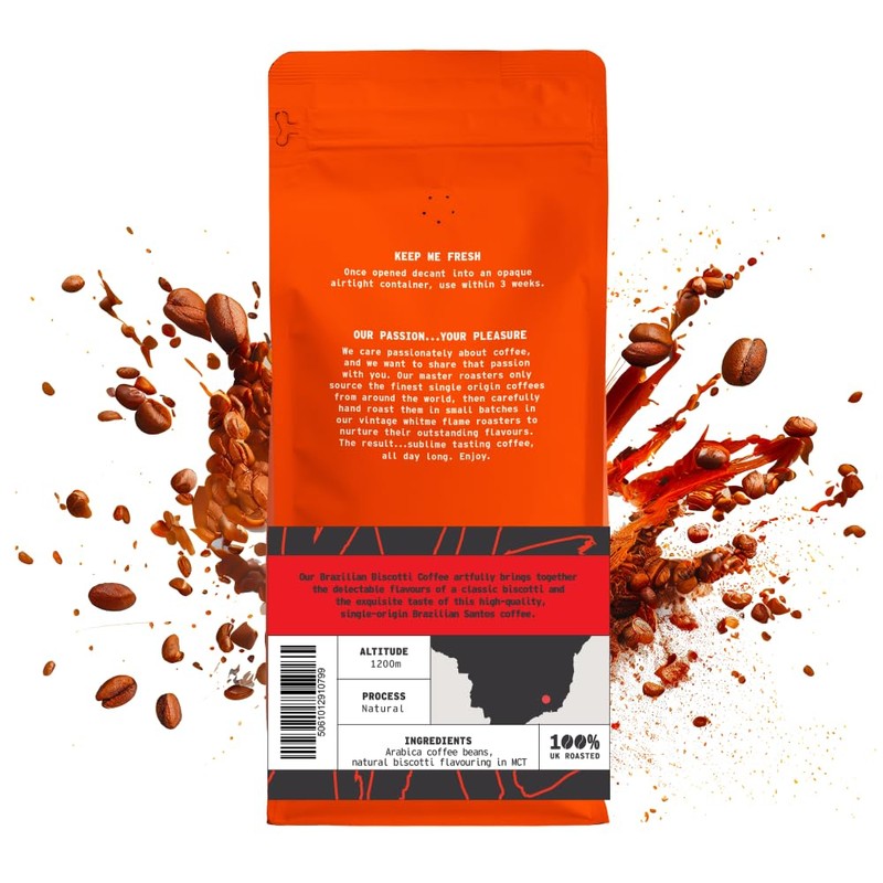 Coffee Beans 227g Bag, Whole Bean Coffee, Brazilian Biscotti Flavoured