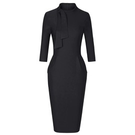 MUXXN Womens Charming 50s Midi 3/4 Sleeve Pencil Retro Business Work Special Occasion Dresses Black M