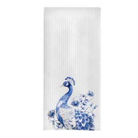 GCFET Chinoiserie Peacock Kitchen Towels - Blue and White Decorative Waffle Dish Towels, Chinoiserie Floral Hand Tea Towels, Peacock Bathroom Kitchen Decor, 16x24 Inch