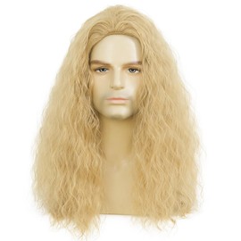 Kaneles Long Curly Blonde Wigs for Men Fluffy Dirty Blonde Wig Hippie Cosplay Party Costume Synthetic Hair Wigs