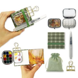 MontiJoy Mini Travel Watercolour Palette Set 12Wells Small Empty Portable Water Color Painting Tin Kit with Lid, 6x6 cm Pocket Watercolor Sketchbook 20 Sheets, 140lb, Refillable Brush Pen