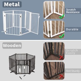 Metal Freestanding Dog Gates with Door,Indoor&Outdoor Pet Fences for Puppy Dogs,Extra Wide White Free Standing Foldable Dog Gate for Doorways,House,Stairs,Porch,Deck(6 Panels 24''H×120''W)
