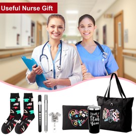 Hoflatria 7 Pcs Nurse Gifts for Womem Appreciation Gift Set Include Nurse Tote Bag Nurse Penlight Nurse Makeup Bag Socks Tumbler Nurse Lunch Bag for Nurse Graduation Gift RN Gift