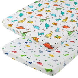 Pack n Play Sheets 2 Pack for Baby Boy, Stretchy Jersey Knitted Portable Mini Crib Sheets Playard Mattress Cover, Dinosaur Printing