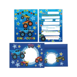 Junapack 12 Invitation Cards with 12 Envelopes for Children's Birthday Party Boys Monster Truck Car Birthday Invitations