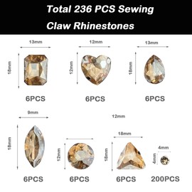 Yixinly 236 Pieces Sew On Rhinestones, 7 Shapes of Rhinestones Metal Prong Setting Glass Sewing Gemstones for DIY Craft Clothes, Clothes, Shoes, Bags (Champagne Color)