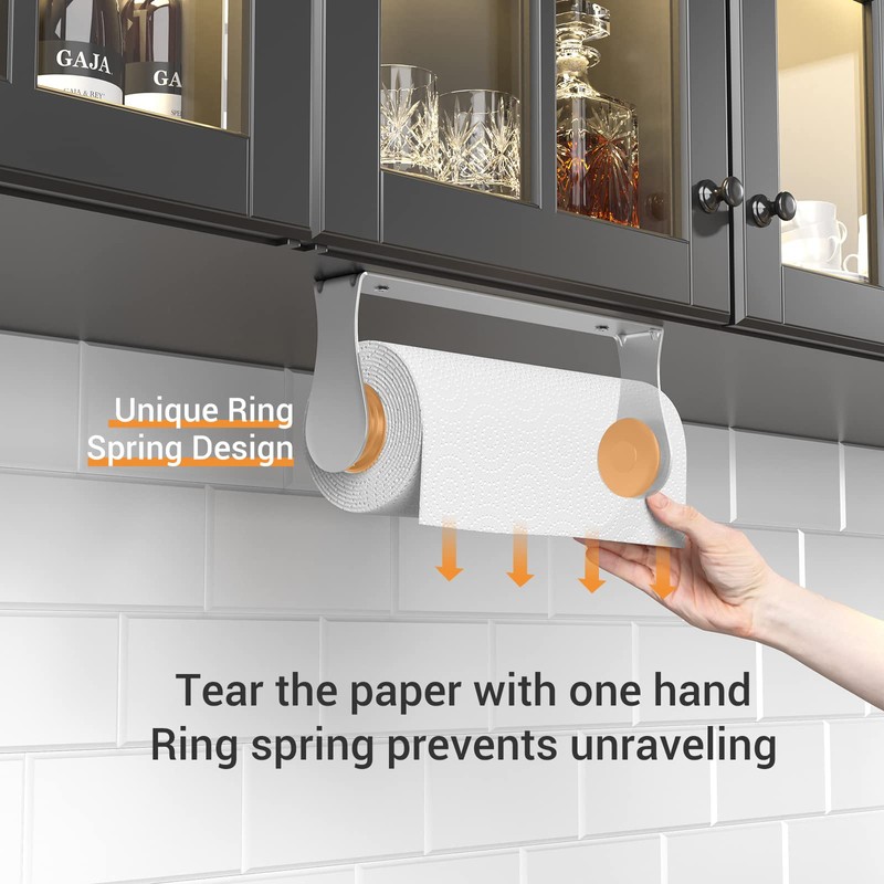 Paper Towel Holder Under Cabinet, Wall Mount, One-Handed Tear, Stainless
