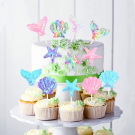 Keaziu Paquete de 18 adornos de sirena para magdalenas, cola de sirena para magdalenas, púas de lentejuelas debajo del mar, decoración de pasteles para niñas, baby shower, cumpleaños, boda, fiesta, suministros