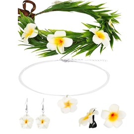 KorViSHOW Hawaii Floral Crown Accessories Set - 6 Pcs Hawaiian Flower Crown Headband, Tropical Plumeria Hair Clips, Necklace and Earrings for Women Girls Summers Hula Party Outfits Decorations