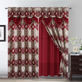Petrichor Elegance Curtains with Gold Silver Threads 2 Panels Set - Luxury Window Treatment Attached Valance, Sheer Backing, and 2 Tie Backs for Bedroom and Living Room, 54x63 inches, Burgundy