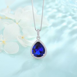 FJ Teardrop Pendant Necklace 925 Sterling Silver Blue Sapphire Necklace September Birthstone Jewellery Gifts for Women Mom Wife Her