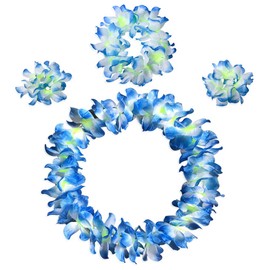Hawaiian Leis Flower Headband Wristbands Tropical Hawaii Luau Necklace Bracelets Hair Hoops Wreath Women Headpiece Hair Bands Cosplay Costume Summer Beach Vacation Pool Party Decoration Blue
