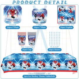 Obussgar Hockey Party Decoration - Hockey Birthday Party Tableware Supplies Includes Plates, Cups, Napkins, Tablecloth, Straws (20)