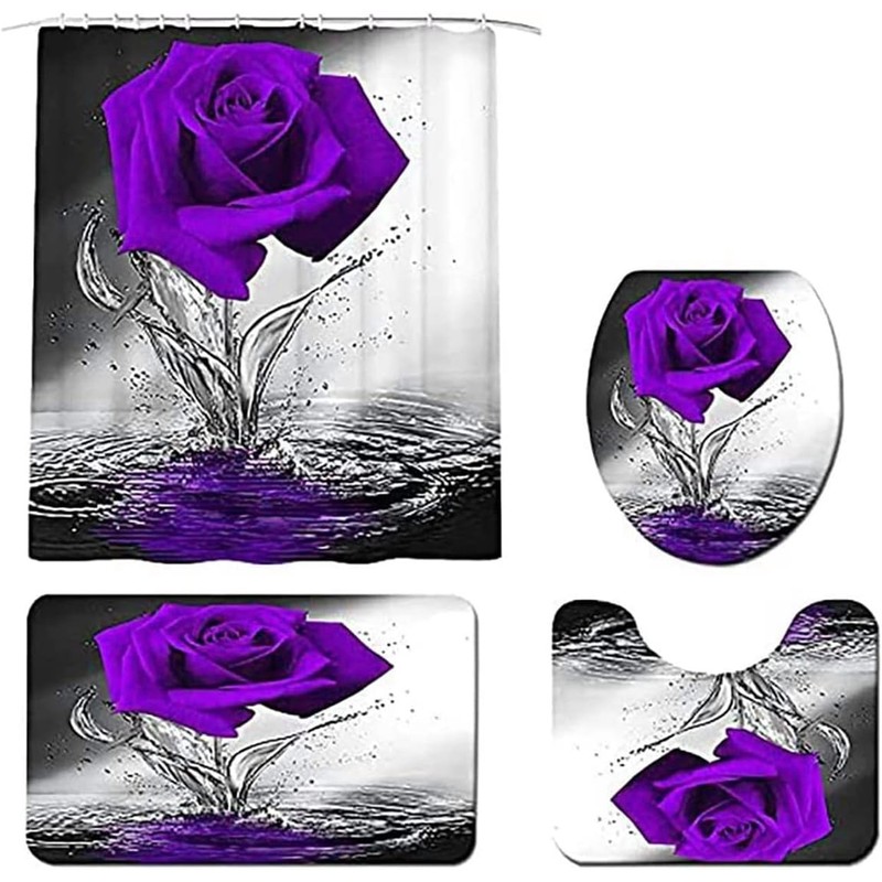 Purple Rose Bathroom Set with Shower Curtain and Non-Slip Rugs,