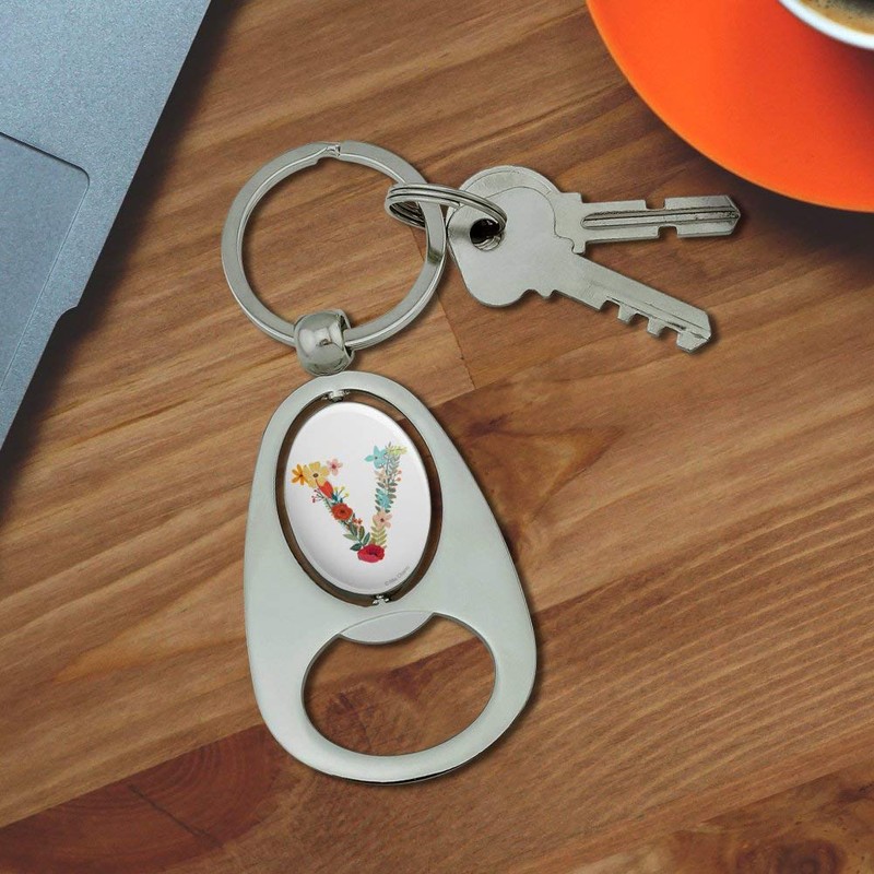 GRAPHICS & MORE Letter V Floral Monogram Initial Keychain Chrome