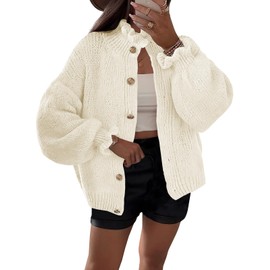 Saodimallsu Womens Ruffle Cardigan Oversized Button Up Fall Trendy Ribbed Knit Open Front Long Sleeve Loose Cute Sweater Beige