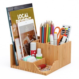 Pezin & Hulin Bamboo Desk Organiser, Multifunction Desktop Organiser Shelf, Countertop Storage with File Holder for Office Home School Supplies Storage