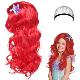 HIULLEN Children's Mermaid Wig, Ariel Wig Children's Costume Accessories, Red Children Princess Children Red Long Curly Wig for Carnival Fancy Dress Theme Party Cosplay