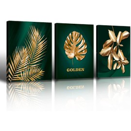 Green and Gold Wall Decor - Emerald Green Bathroom Decor Gold Tropic Plant Canvas Wall Art Mid Century Modern Decor Green Vintage Room Decor Pictures Gold Bedroom Wall Decorations for Living Room