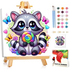 Raccoon Painting by Numbers Children with Frame, Painting by Numbers Children from 5 6 7 8 9 10 Years, Painting Set with Frame, Brush and Acrylic Paints, Gift for Girls and Boys, with Glitter 20 x 20