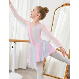 Arshiner Girls Dance Dress Rainbow Cotton Ballet Dresses Children Mesh Puff Sleeve Dance Dresses Kids Ballet Leotard Suit with Tutu 8-9 Years