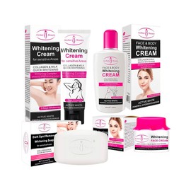 Set 4 Cremas Aclarantes, Jabn, Cremas para Cara, Cuerpo y Zonas Sensibles, Antimanchas, Hidratante, Iluminador de Piel, Elimina Melanina, Uso Diario  