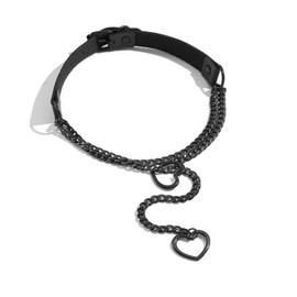 KOFISNI Leather Choker Slip Chain Necklace Stainless Steel Cuban Link Long Necklaces Gothic Punk Heart Chain Necklace Handmade Collars for Women (Black+Black)