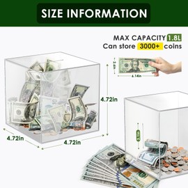 Emapoy 12 * 12cm Acrylic Clear Piggy Bank for Adults - Unopenable Money Saving Box for Cash, Coins, and Change