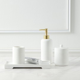 QL DESIGN Bathroom Accessory Set 4 Pcs Elegant White Look Bathroom Accessories Sets Complete with Soap Dispenser, Tumblers,Vanity Tray and Cotton Jar, (Elegant White)