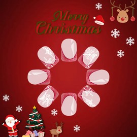 Christmas Press on Nails Short Square Fake Nails With Red French Tip Snowflake Designs Glitter Glue on Xmas False Nails Press Ons Simple Stick Ons For Women 24 Pcs
