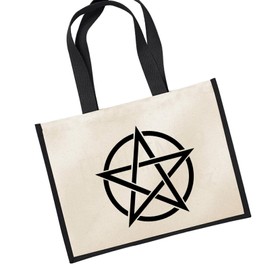 Huuraa Jute Bag Pentagram Drudenfuß Carry Bag Black 21 Litres with Banner Sign Gift Idea for Friends and Family, multicoloured