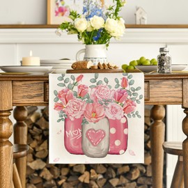 Artoid Mode Tulips Carnations Flower Vase, Eucalyptus, Mother's Day Table Runner, Seasonal Kitchen Dining Table Decoration, Indoor, Holiday, Party Decor, 40 x 140 cm