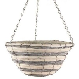 Fyne-Finds 30cm, 12Inch Natural Round Grey Cream Deco Wicker Hanging Rattan Basket Lined Willow Planter