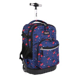 Tilami Rolling Backpack, 18 inch Shoulder Drop, Concealed Pockets and Wheel Cover, Laptop Backpack for Boys and Girls, Cherry Blue