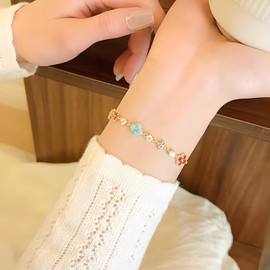 PetPong 18K Gold Plated Four Leaf Clover Chain for Women, Colorful Cubic Zirconia Four Leaf Flower Bracelet, Lucky Flower Accessories for Women